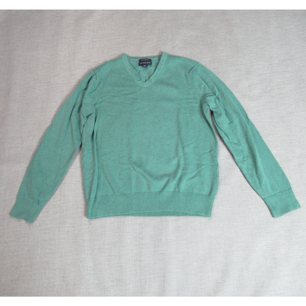 Lands End Sweater Mens M 38-40 Green V Neck Pullover Long Sleeve Dadcore Preppy